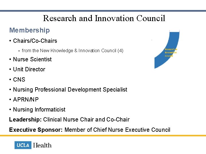Research and Innovation Council Membership • Chairs/Co-Chairs • from the New Knowledge & Innovation