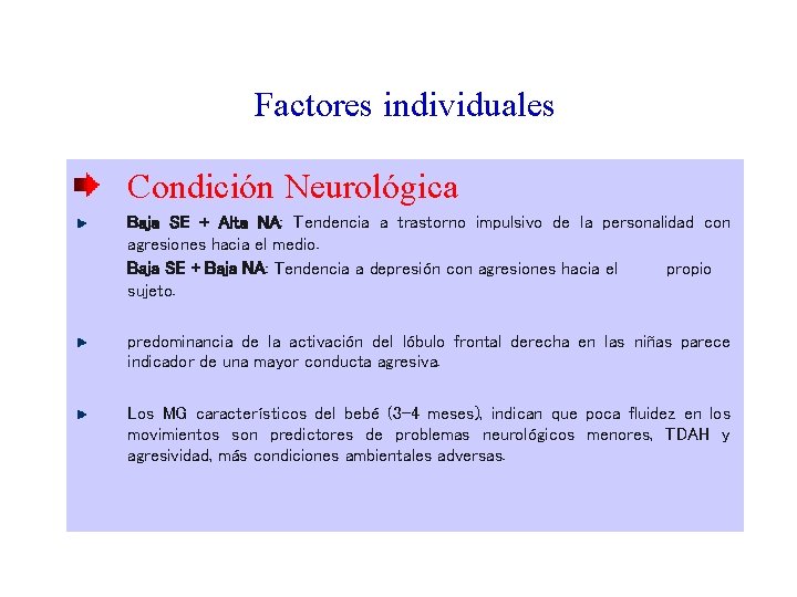Factores individuales Condición Neurológica Baja SE + Alta NA: Tendencia a trastorno impulsivo de