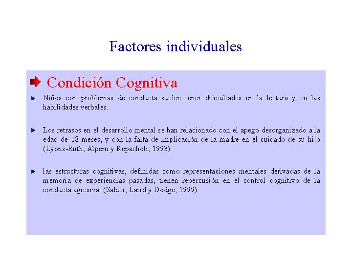 Factores individuales Condición Cognitiva Niños con problemas de conducta suelen tener dificultades en la