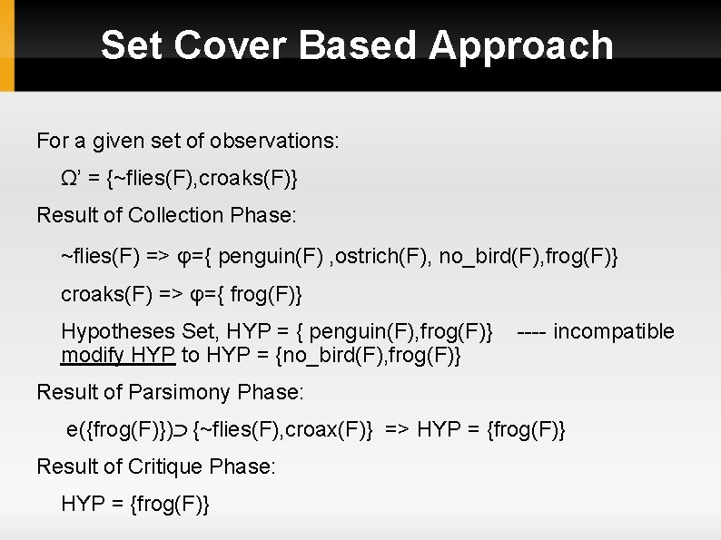 Set Cover Based Approach For a given set of observations: Ω’ = {~flies(F), croaks(F)}