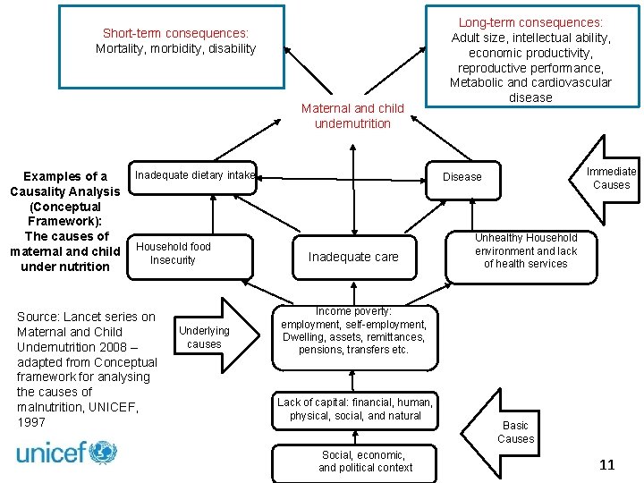 Short-term consequences: Mortality, morbidity, disability Maternal and child undernutrition Inadequate dietary intake Examples of