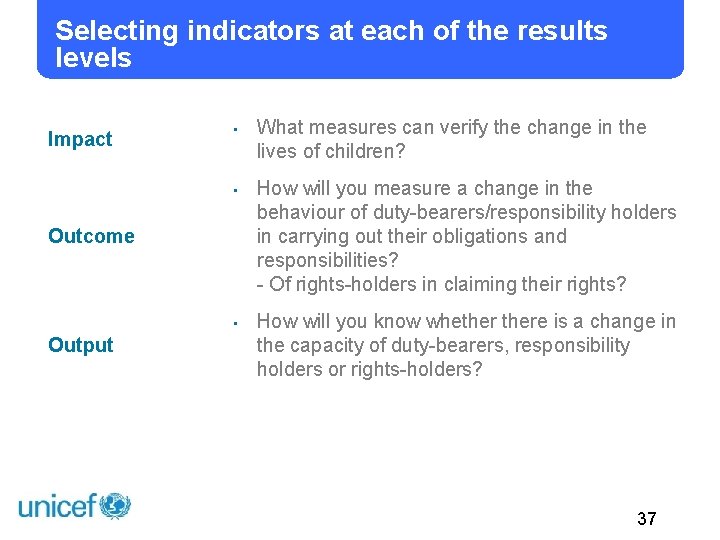 Selecting indicators at each of the results levels Impact • • Outcome • Output