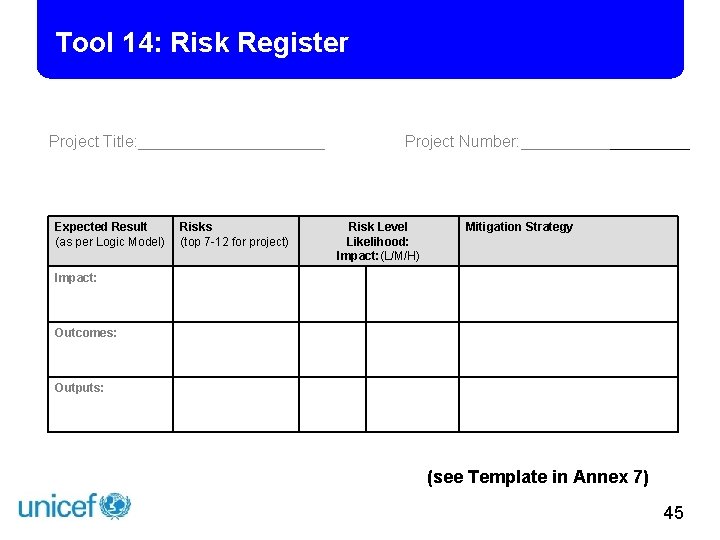 Tool 14: Risk Register Project Title: ___________ Project Number: __________ Expected Result (as per