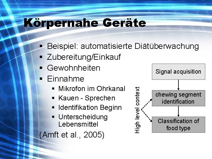 Körpernahe Geräte Beispiel: automatisierte Diätüberwachung Zubereitung/Einkauf Gewohnheiten Signal acquisition Einnahme § § Mikrofon im