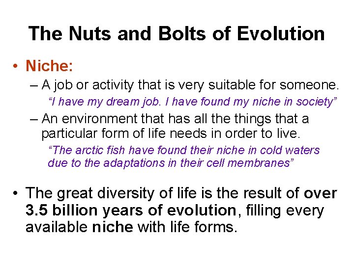 The Nuts and Bolts of Evolution • Niche: – A job or activity that