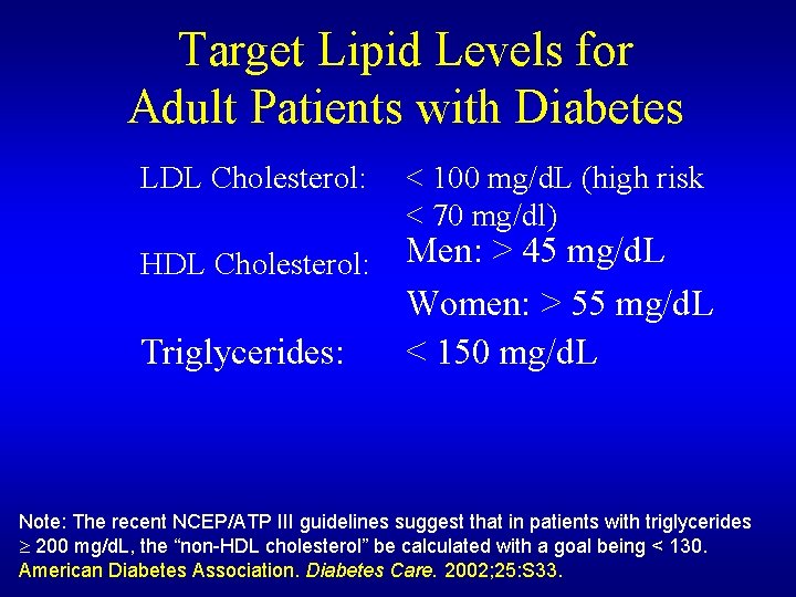 Target Lipid Levels for Adult Patients with Diabetes LDL Cholesterol: HDL Cholesterol: Triglycerides: <