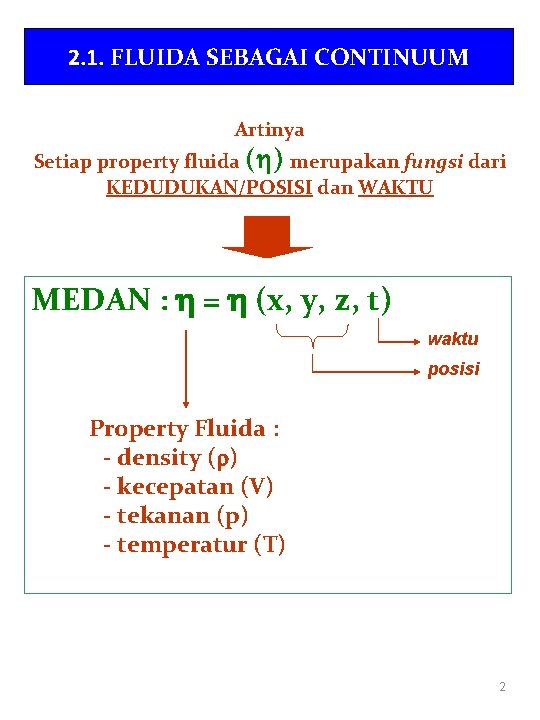 2. 1. FLUIDA SEBAGAI CONTINUUM Artinya Setiap property fluida (h) merupakan fungsi dari KEDUDUKAN/POSISI