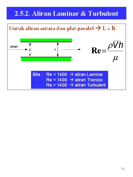 2. 5. 2. Aliran Laminar & Turbulent Untuk aliran antara dua-plat paralel L=h Bila