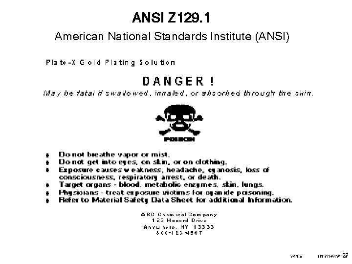 ANSI Z 129. 1 American National Standards Institute (ANSI) วสทธ กงวานตระกล 27 