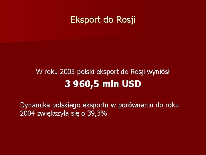 Eksport do Rosji W roku 2005 polski eksport do Rosji wyniósł 3 960, 5