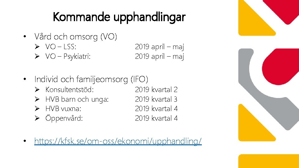 Kommande upphandlingar • Vård och omsorg (VO) Ø VO – LSS: Ø VO –