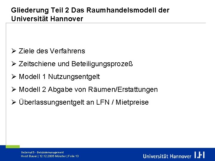 Gliederung Teil 2 Das Raumhandelsmodell der Universität Hannover Ø Ziele des Verfahrens Ø Zeitschiene