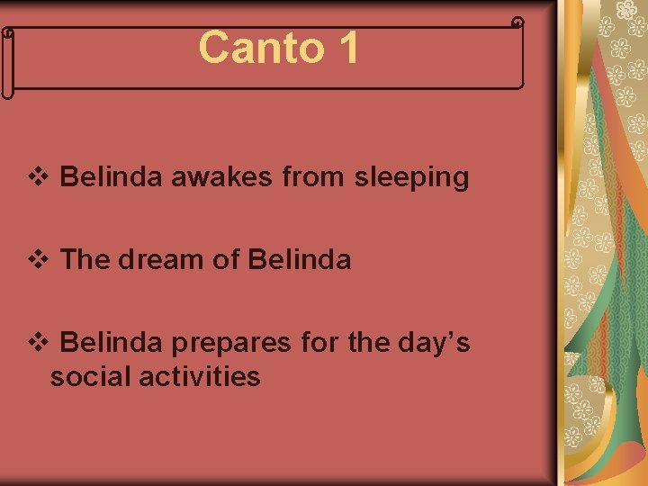 Canto 1 v Belinda awakes from sleeping v The dream of Belinda v Belinda