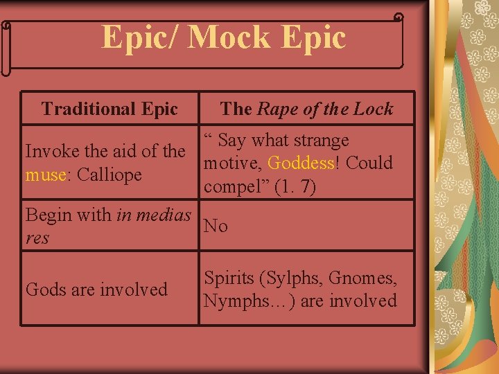 Epic/ Mock Epic Traditional Epic The Rape of the Lock “ Say what strange