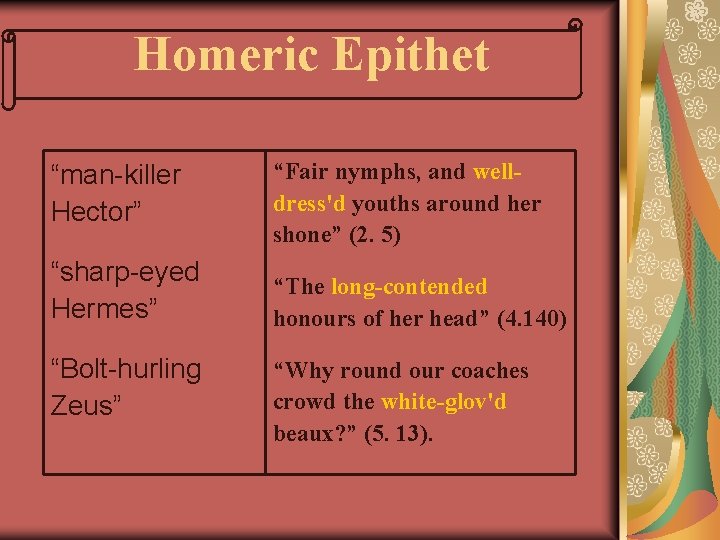 Homeric Epithet “man-killer Hector” “sharp-eyed Hermes” “Bolt-hurling Zeus” “Fair nymphs, and welldress'd youths around