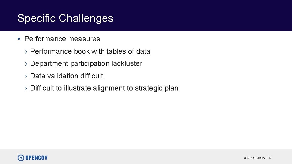 Specific Challenges • Performance measures › Performance book with tables of data › Department