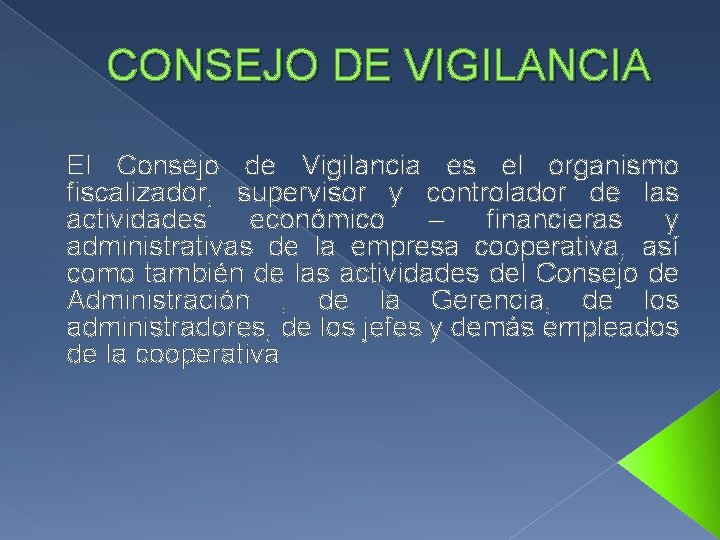 CONSEJO DE VIGILANCIA El Consejo de Vigilancia es el organismo fiscalizador, supervisor y controlador