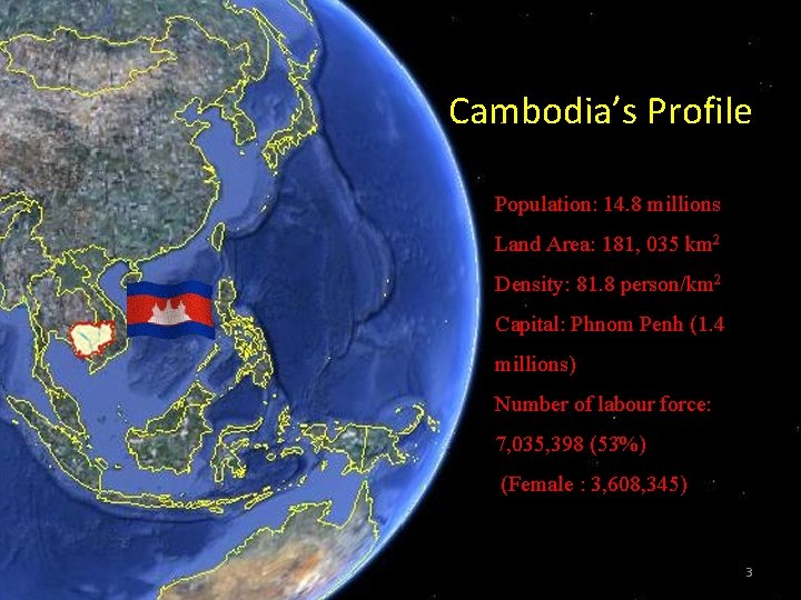Cambodia’s Profile Population: 14. 8 millions Land Area: 181, 035 km 2 Density: 81.