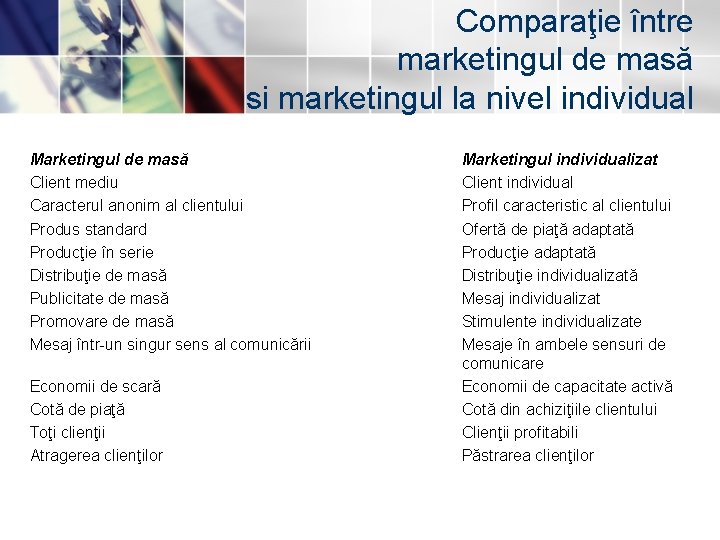 Comparaţie între marketingul de masă si marketingul la nivel individual Marketingul de masă Client