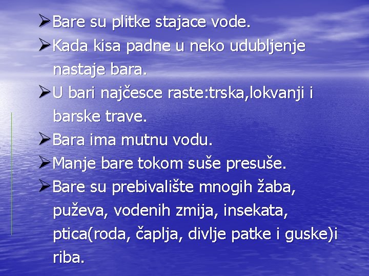 ØBare su plitke stajace vode. ØKada kisa padne u neko udubljenje nastaje bara. ØU