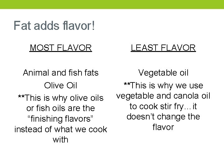 Fat adds flavor! MOST FLAVOR LEAST FLAVOR Animal and fish fats Olive Oil **This