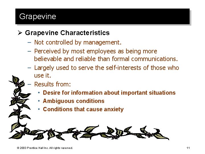 Grapevine Ø Grapevine Characteristics – Not controlled by management. – Perceived by most employees