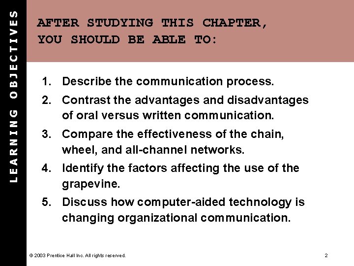 OBJECTIVES LEARNING AFTER STUDYING THIS CHAPTER, YOU SHOULD BE ABLE TO: 1. Describe the