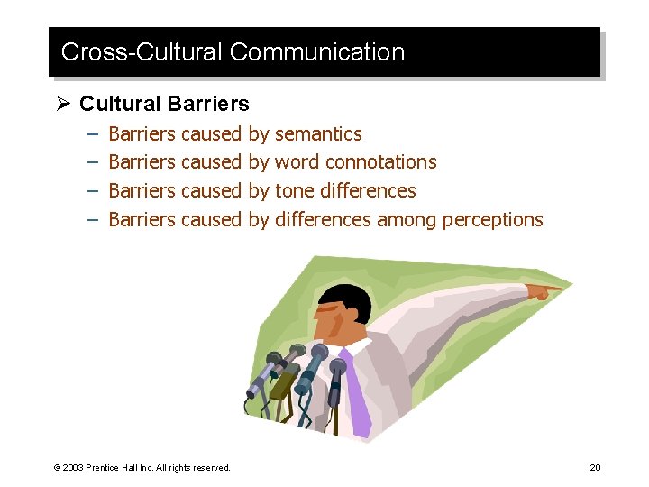 Cross-Cultural Communication Ø Cultural Barriers – – Barriers caused © 2003 Prentice Hall Inc.