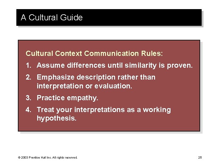 A Cultural Guide Cultural Context Communication Rules: 1. Assume differences until similarity is proven.