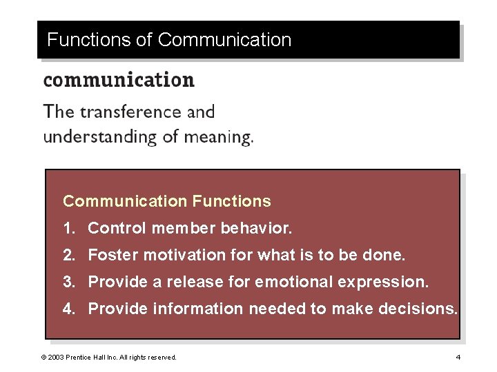 Functions of Communication Functions 1. Control member behavior. 2. Foster motivation for what is