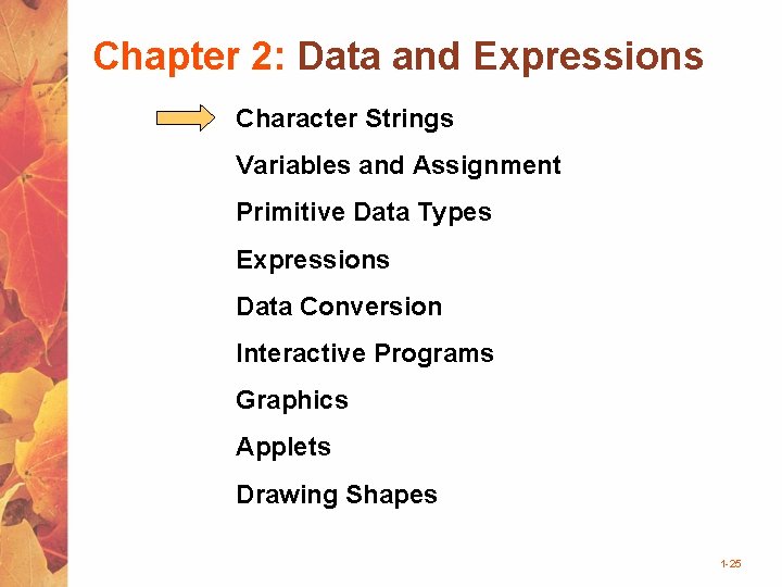 Chapter 2: Data and Expressions Character Strings Variables and Assignment Primitive Data Types Expressions