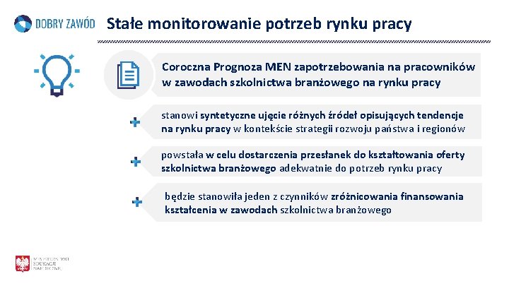 Stałe monitorowanie potrzeb rynku pracy Coroczna Prognoza MEN zapotrzebowania na pracowników w zawodach szkolnictwa