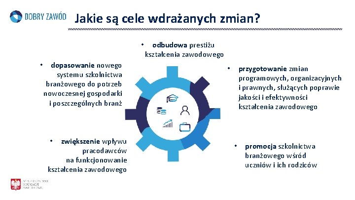 Jakie są cele wdrażanych zmian? • • dopasowanie nowego systemu szkolnictwa branżowego do potrzeb