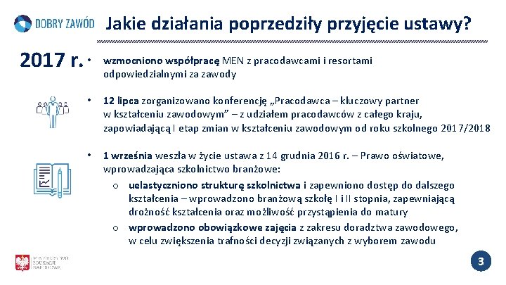 Jakie działania poprzedziły przyjęcie ustawy? 2017 r. • wzmocniono współpracę MEN z pracodawcami i