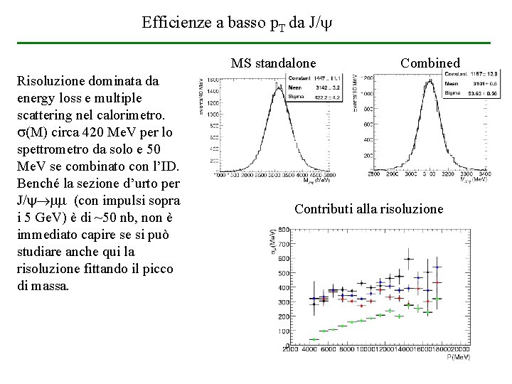 Efficienze a basso p. T da J/ MS standalone Risoluzione dominata da energy loss Efficienze a basso p. T da J/ MS standalone Risoluzione dominata da energy loss