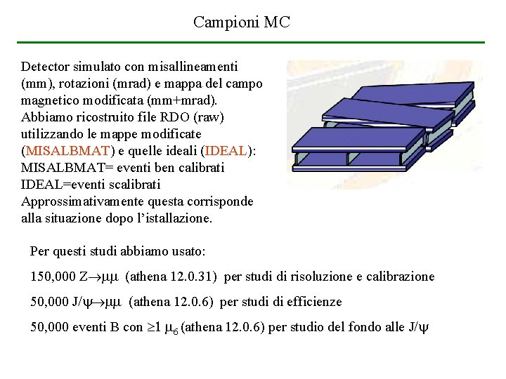 Campioni MC Detector simulato con misallineamenti (mm), rotazioni (mrad) e mappa del campo magnetico Campioni MC Detector simulato con misallineamenti (mm), rotazioni (mrad) e mappa del campo magnetico