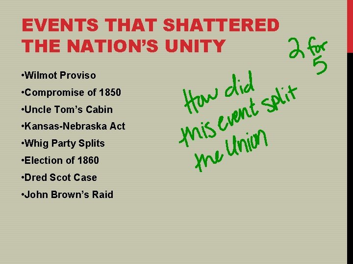 EVENTS THAT SHATTERED THE NATION’S UNITY • Wilmot Proviso • Compromise of 1850 •