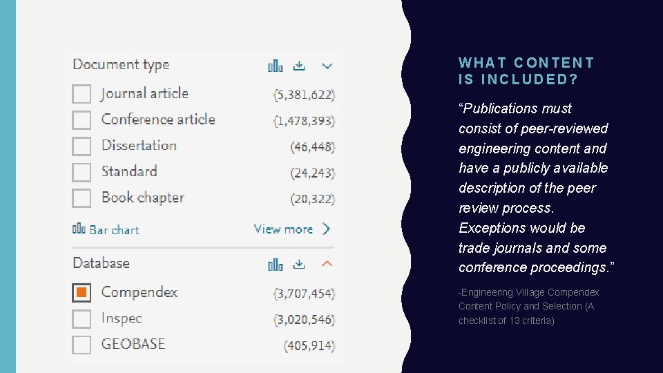 WHAT CONTENT IS INCLUDED? “Publications must consist of peer-reviewed engineering content and have a