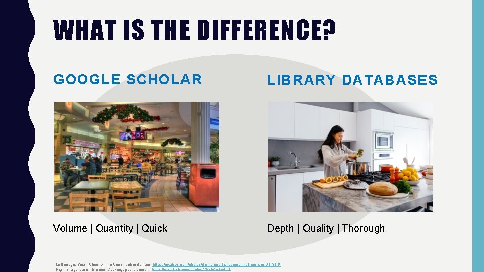 WHAT IS THE DIFFERENCE? GOOGLE SCHOLAR LIBRARY DATABASES Volume | Quantity | Quick Depth