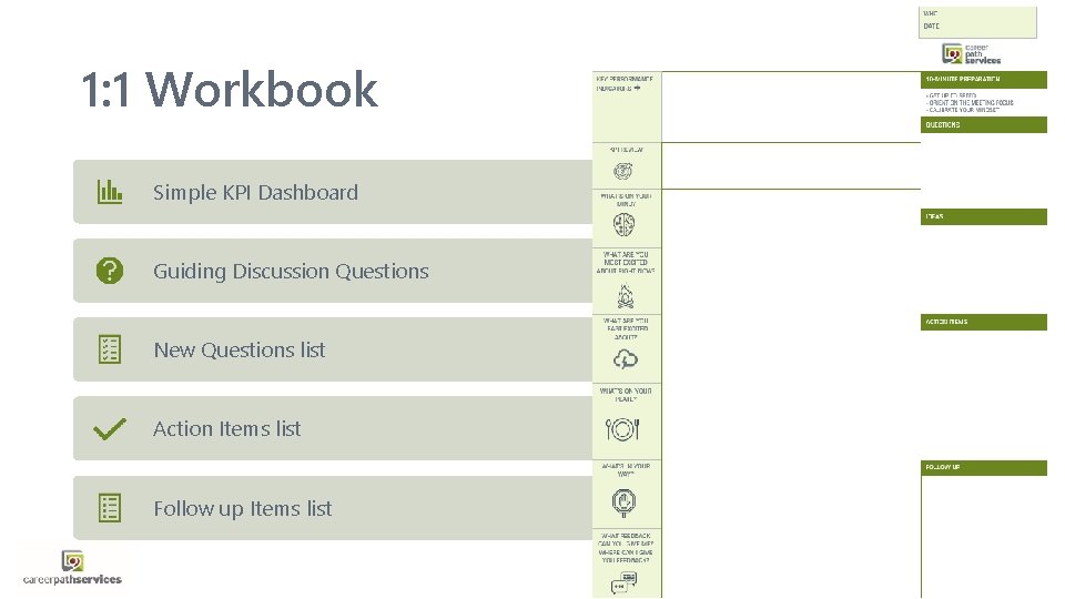 1: 1 Workbook Simple KPI Dashboard Guiding Discussion Questions New Questions list Action Items