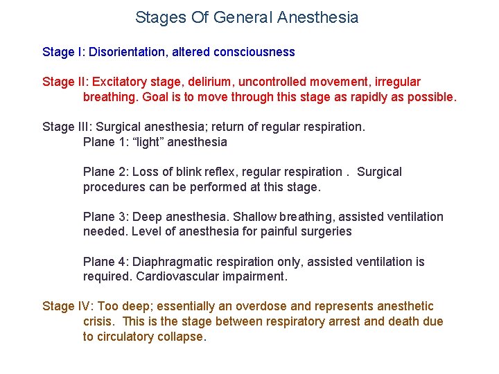 Stages Of General Anesthesia Stage I: Disorientation, altered consciousness Stage II: Excitatory stage, delirium,