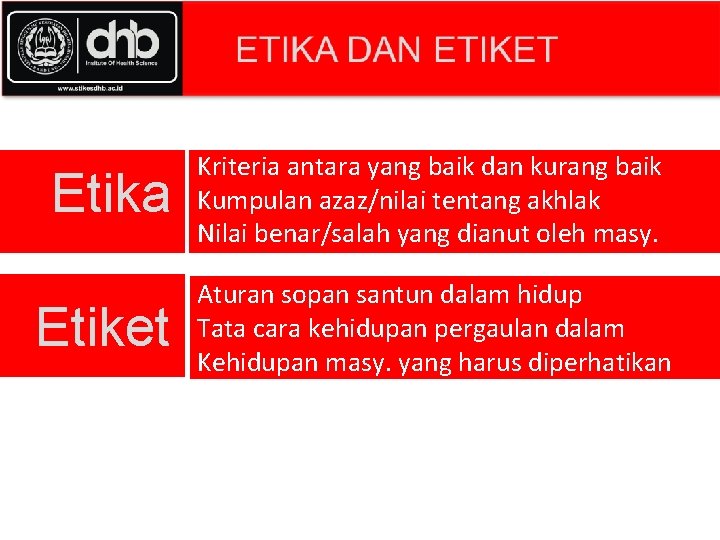 Etika Etiket Kriteria antara yang baik dan kurang baik Kumpulan azaz/nilai tentang akhlak Nilai