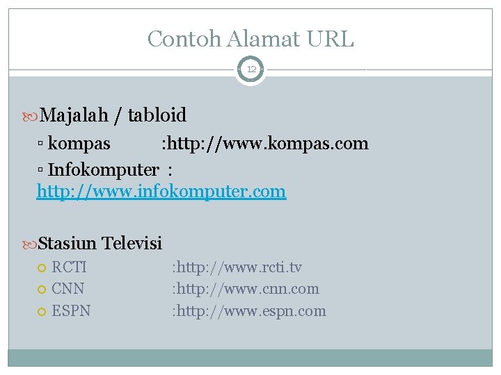 Contoh Alamat URL 12 Majalah / tabloid ▫ kompas : http: //www. kompas. com