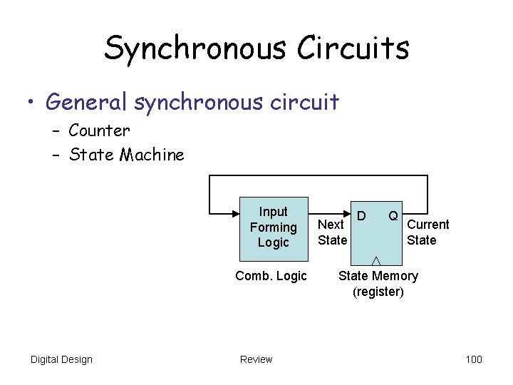 Synchronous Circuits • General synchronous circuit – Counter – State Machine Input Forming Logic