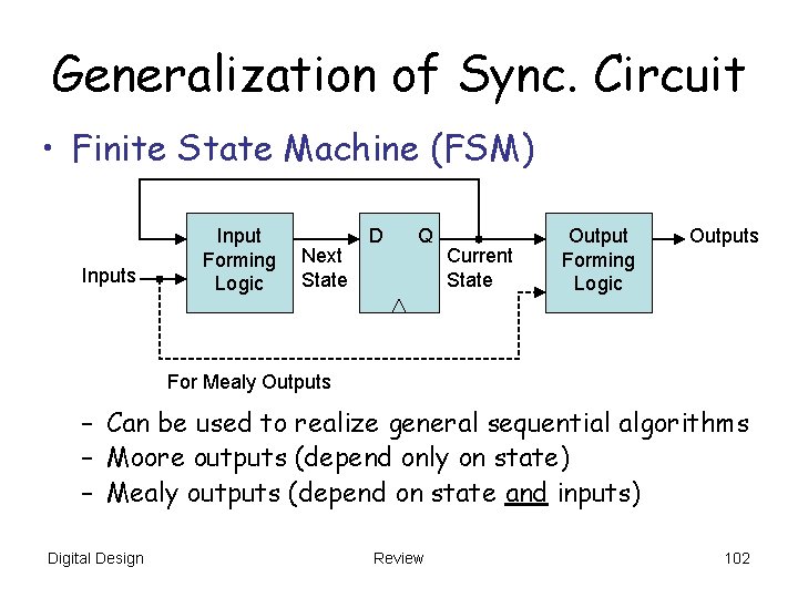 Generalization of Sync. Circuit • Finite State Machine (FSM) Inputs Input Forming Logic Next Generalization of Sync. Circuit • Finite State Machine (FSM) Inputs Input Forming Logic Next