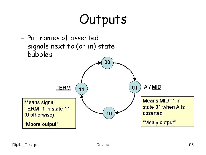 Outputs – Put names of asserted signals next to (or in) state bubbles 00