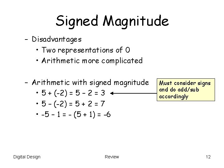 Signed Magnitude – Disadvantages • Two representations of 0 • Arithmetic more complicated –