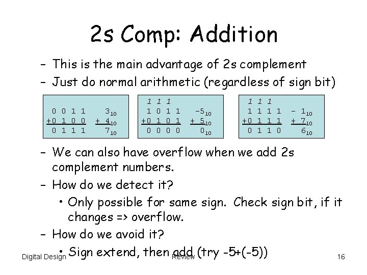 2 s Comp: Addition – This is the main advantage of 2 s complement