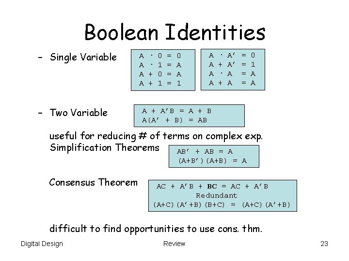 Boolean Identities – Single Variable – Two Variable A A · · + +