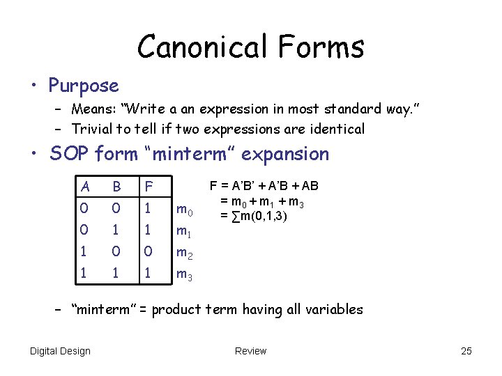 Canonical Forms • Purpose – Means: “Write a an expression in most standard way. Canonical Forms • Purpose – Means: “Write a an expression in most standard way.